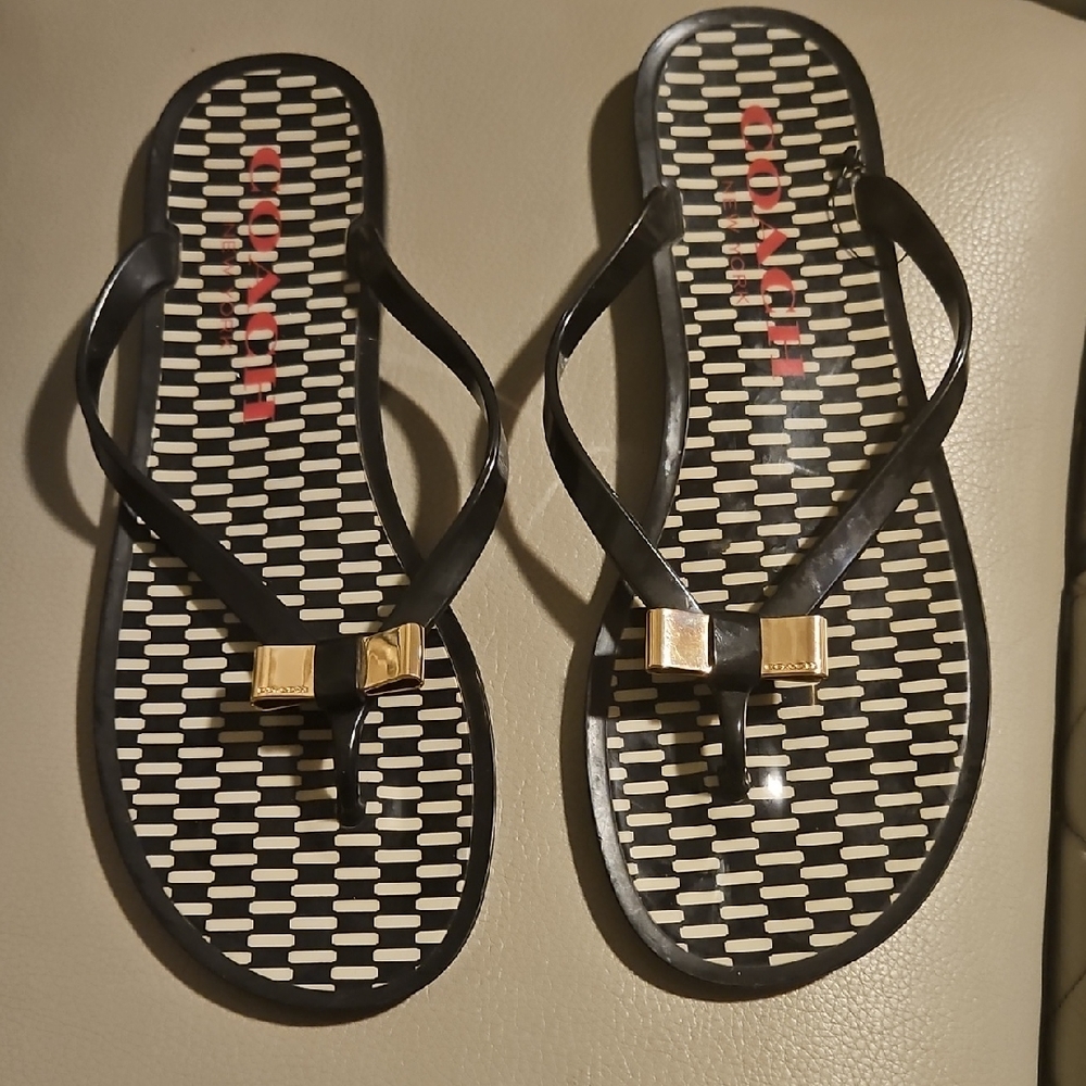 Coach Black and Gold Flip-Flop Sandals
